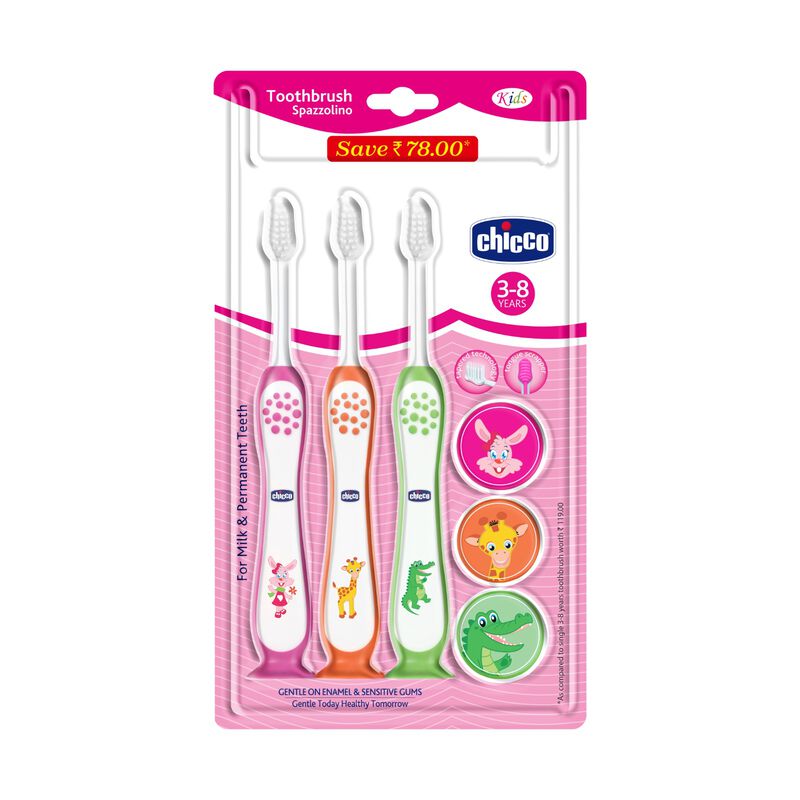 Toothbrush 3Y-8Y 3 Pack- Pink, Orange & Green image number 1